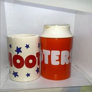 Hooters Koozies one Orange & Cream  with lid one with Blue Star Accents